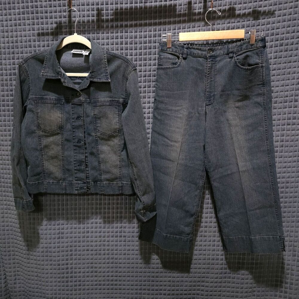 Y2K Denim Jacket Capris Set Sz8 Med Chico Design Grunge Flare Jean Stretch Waist